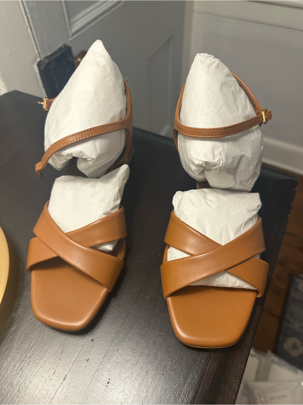 Margaux Cognac Tan Crisscross Square-Toe Sandals